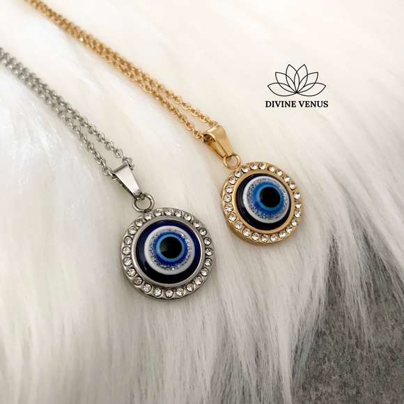 Evil Eye Round Pendant Stainless Steel Necklace - Picture 1 of 8